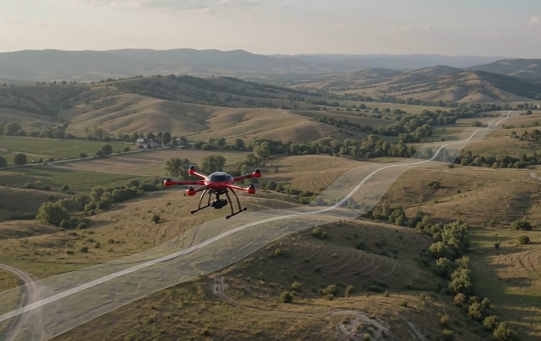 Drone scanning a city skyline with building-detection overlays